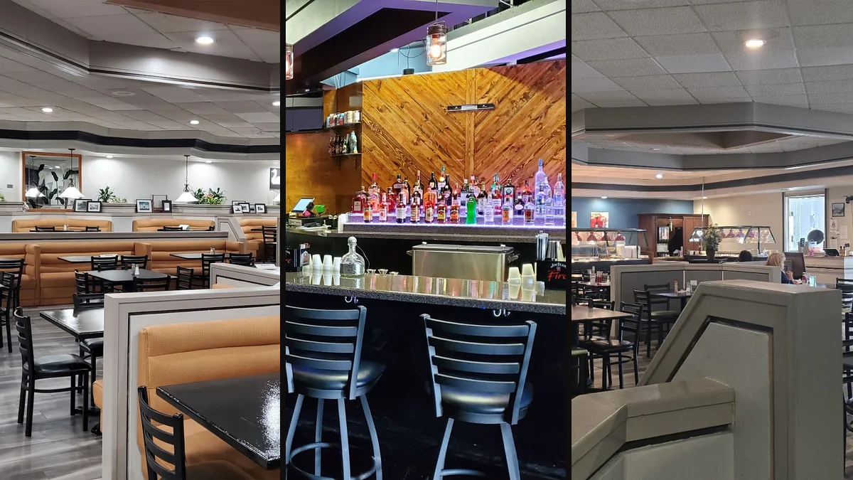 Warm restaurant interior with casual table settings.