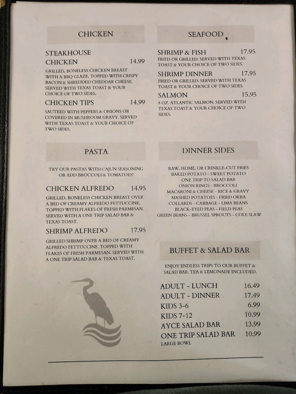Restaurant menu showing drink selections.
